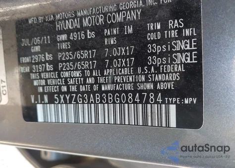 2011 Hyundai Santa Fe Gls из США, поврежденный, VIN 5XYZG3AB3BG084784